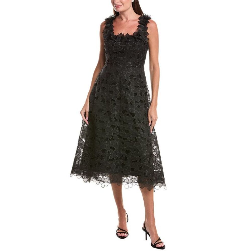 Teri Jon By Rickie Freeman Womens  Organza Lace 3D A-Line Dress, Black